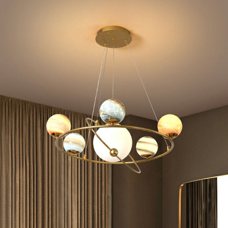 Glass Planet Hanging Lamp Postmodern Brass Finish Chandelier Light for Living Room Clearhalo 'Ceiling Lights' 'Chandeliers' 'Modern Chandeliers' 'Modern' Lighting' 2268381