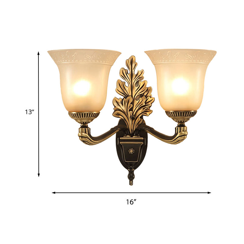 Bell Bedroom Sconce Light Fixture Rustic Frosted Glass 1/2-Light Black-Gold Wall Lamp with Carved Arm Clearhalo 'Wall Lamps & Sconces' 'Wall Lights' Lighting' 226839