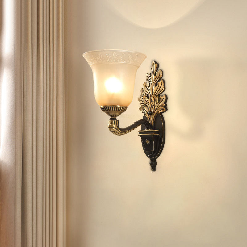 Bell Bedroom Sconce Light Fixture Rustic Frosted Glass 1/2-Light Black-Gold Wall Lamp with Carved Arm 1.0 Black-Gold Clearhalo 'Wall Lamps & Sconces' 'Wall Lights' Lighting' 226841