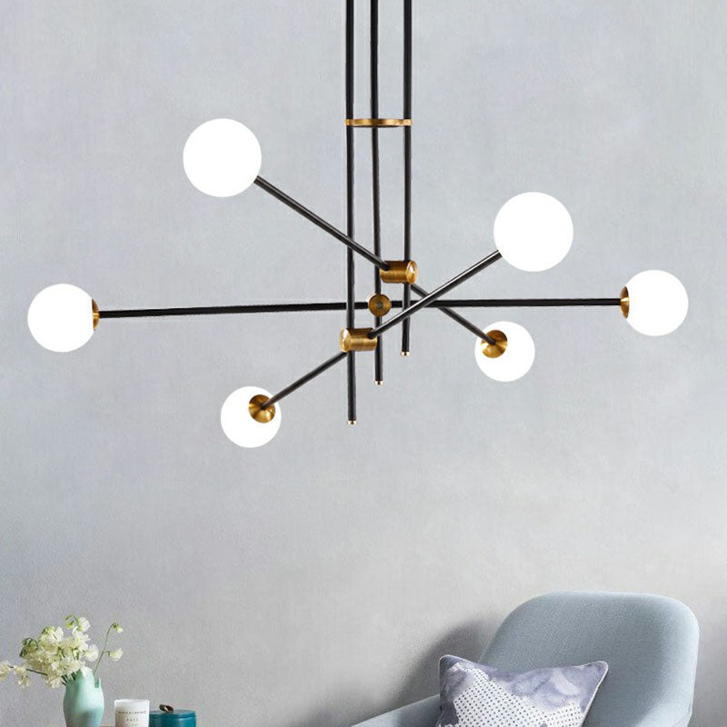 Simplicity Linear Chandelier Metal Living Room Pendant Lighting with Ball White Glass Shade in Black Clearhalo 'Ceiling Lights' 'Chandeliers' 'Modern Chandeliers' 'Modern' Lighting' 2268415