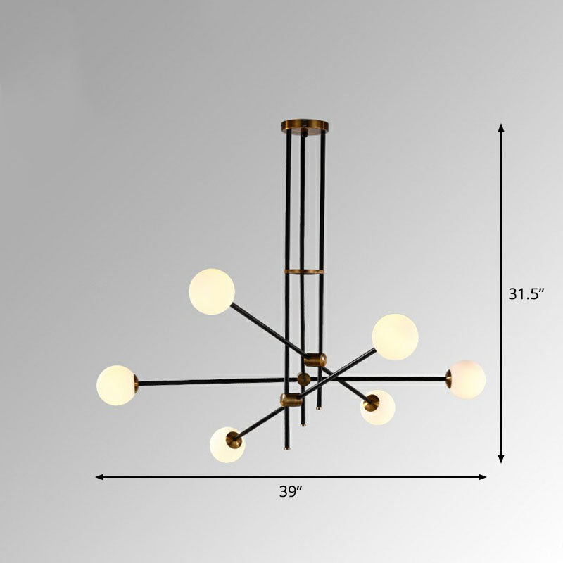 Simplicity Linear Chandelier Metal Living Room Pendant Lighting with Ball White Glass Shade in Black 6 Black Clearhalo 'Ceiling Lights' 'Chandeliers' 'Modern Chandeliers' 'Modern' Lighting' 2268416