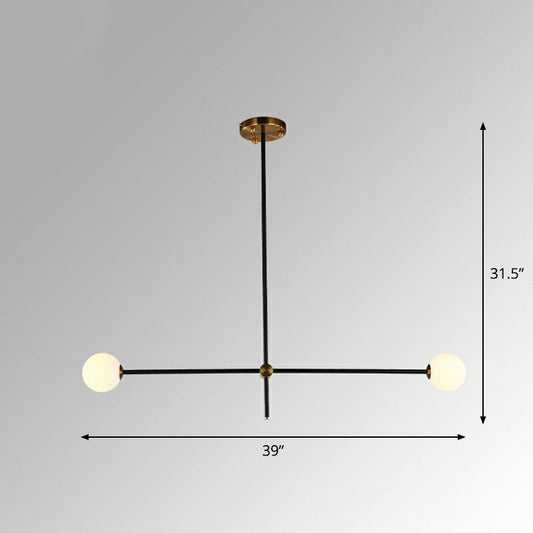 Simplicity Linear Chandelier Metal Living Room Pendant Lighting with Ball White Glass Shade in Black 2 Black Clearhalo 'Ceiling Lights' 'Chandeliers' 'Modern Chandeliers' 'Modern' Lighting' 2268417