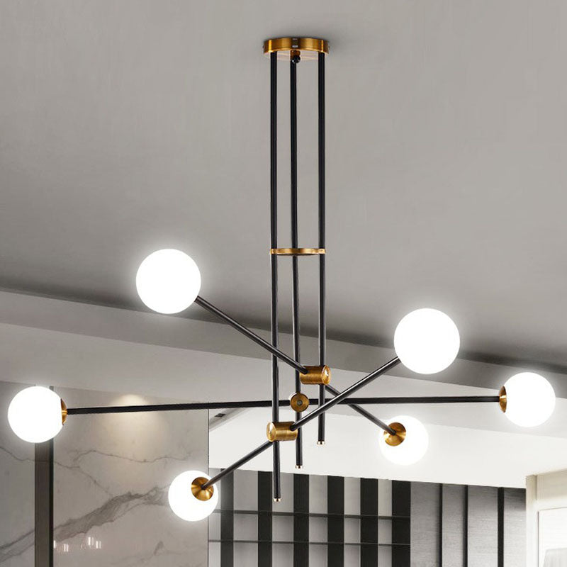 Simplicity Linear Chandelier Metal Living Room Pendant Lighting with Ball White Glass Shade in Black Clearhalo 'Ceiling Lights' 'Chandeliers' 'Modern Chandeliers' 'Modern' Lighting' 2268418