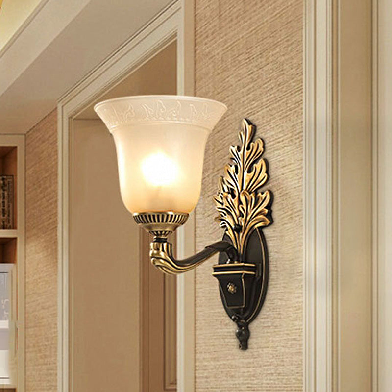 Bell Bedroom Sconce Light Fixture Rustic Frosted Glass 1/2-Light Black-Gold Wall Lamp with Carved Arm Clearhalo 'Wall Lamps & Sconces' 'Wall Lights' Lighting' 226842