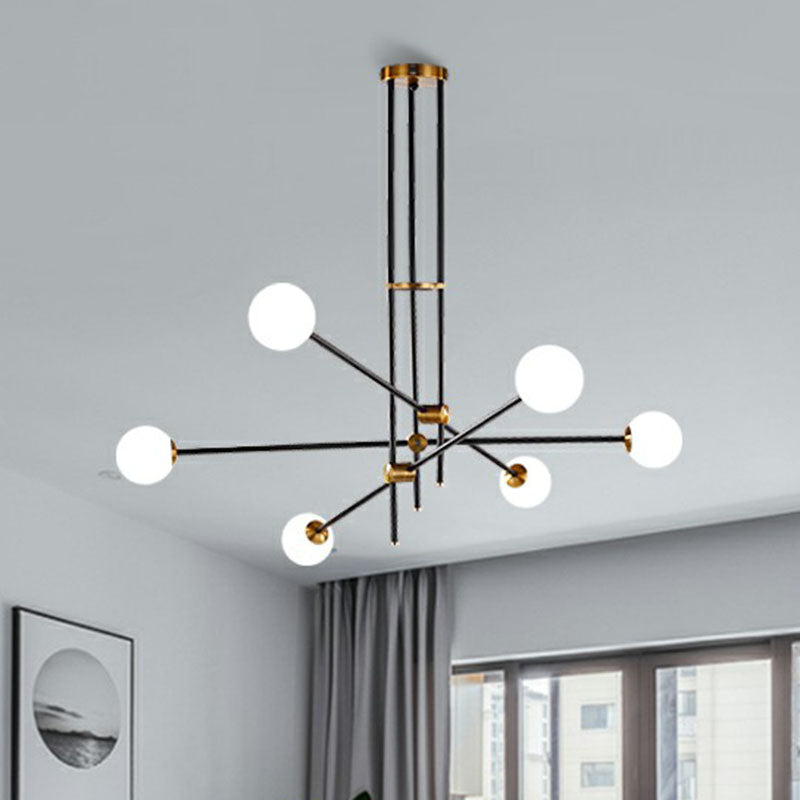 Simplicity Linear Chandelier Metal Living Room Pendant Lighting with Ball White Glass Shade in Black Clearhalo 'Ceiling Lights' 'Chandeliers' 'Modern Chandeliers' 'Modern' Lighting' 2268420