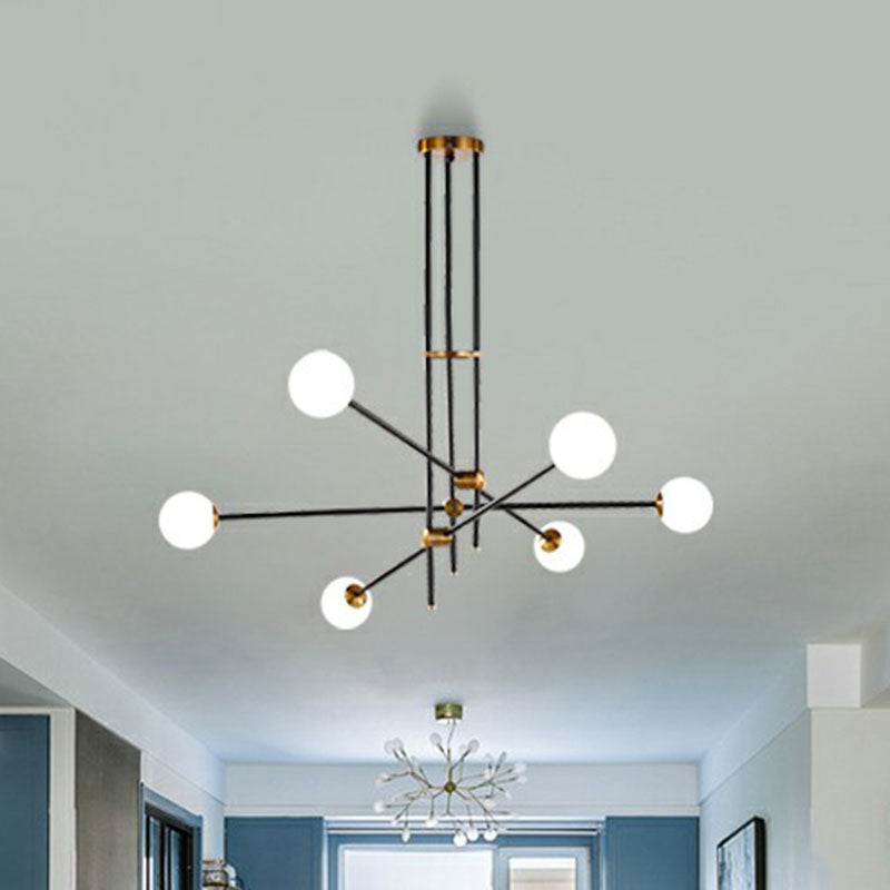 Simplicity Linear Chandelier Metal Living Room Pendant Lighting with Ball White Glass Shade in Black Clearhalo 'Ceiling Lights' 'Chandeliers' 'Modern Chandeliers' 'Modern' Lighting' 2268422
