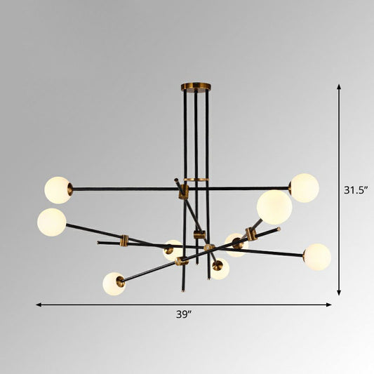 Simplicity Linear Chandelier Metal Living Room Pendant Lighting with Ball White Glass Shade in Black 9 Black Clearhalo 'Ceiling Lights' 'Chandeliers' 'Modern Chandeliers' 'Modern' Lighting' 2268423