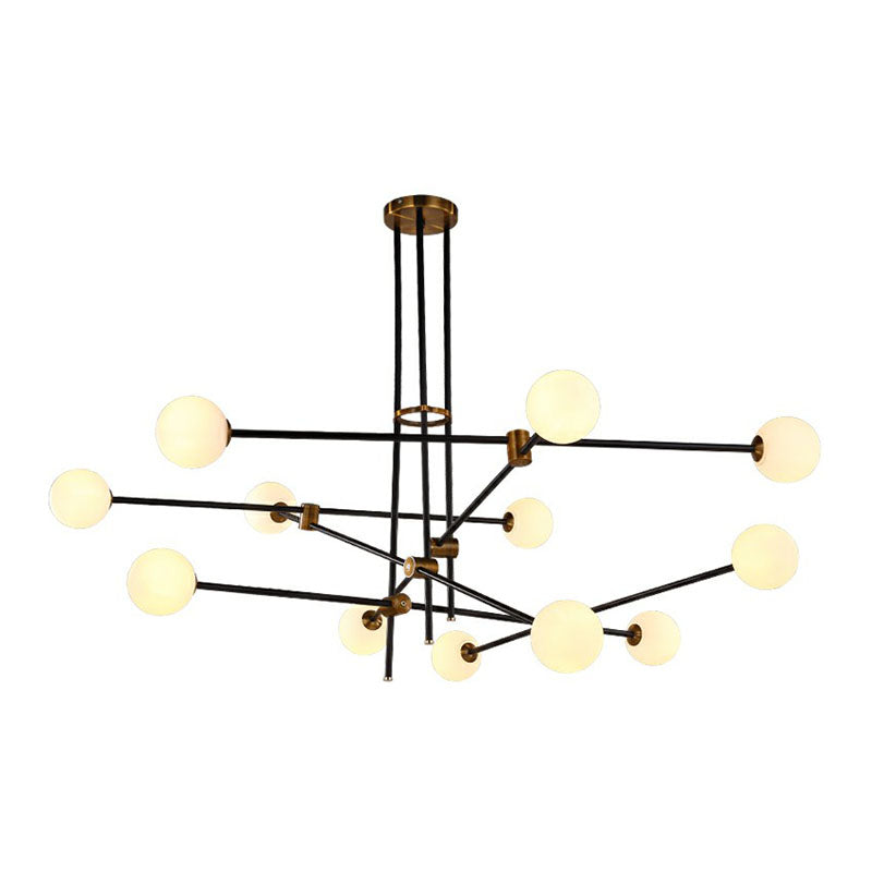 Simplicity Linear Chandelier Metal Living Room Pendant Lighting with Ball White Glass Shade in Black Clearhalo 'Ceiling Lights' 'Chandeliers' 'Modern Chandeliers' 'Modern' Lighting' 2268424