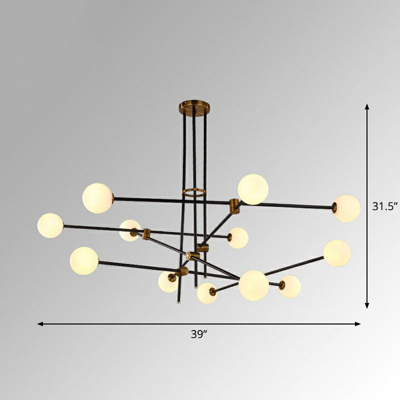 Simplicity Linear Chandelier Metal Living Room Pendant Lighting with Ball White Glass Shade in Black 12 Black Clearhalo 'Ceiling Lights' 'Chandeliers' 'Modern Chandeliers' 'Modern' Lighting' 2268425