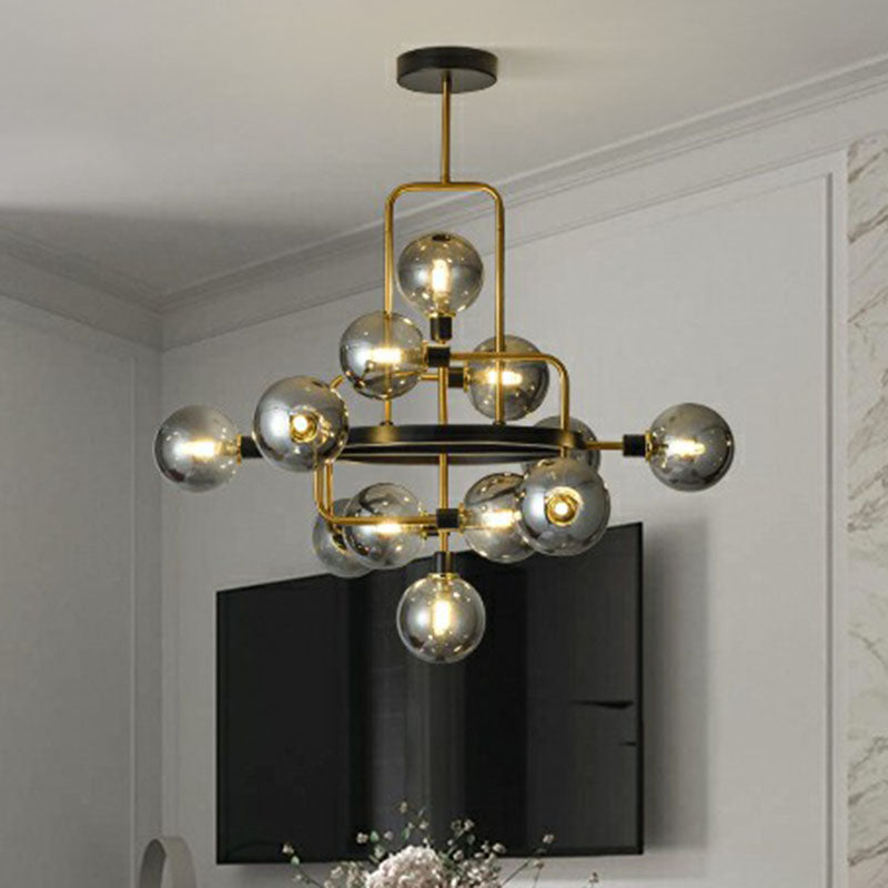 Glass 3D Atomic Chandelier Postmodern 12-Bulb Black and Brass Suspension Light Fixture Clearhalo 'Ceiling Lights' 'Chandeliers' 'Modern Chandeliers' 'Modern' Lighting' 2268426