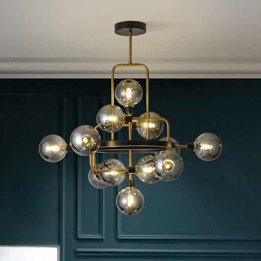 Glass 3D Atomic Chandelier Postmodern 12-Bulb Black and Brass Suspension Light Fixture Clearhalo 'Ceiling Lights' 'Chandeliers' 'Modern Chandeliers' 'Modern' Lighting' 2268428