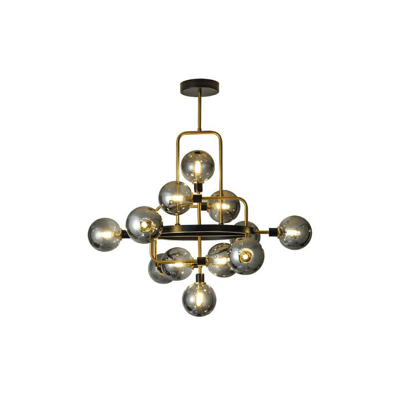 Glass 3D Atomic Chandelier Postmodern 12-Bulb Black and Brass Suspension Light Fixture Smoke Gray Clearhalo 'Ceiling Lights' 'Chandeliers' 'Modern Chandeliers' 'Modern' Lighting' 2268429