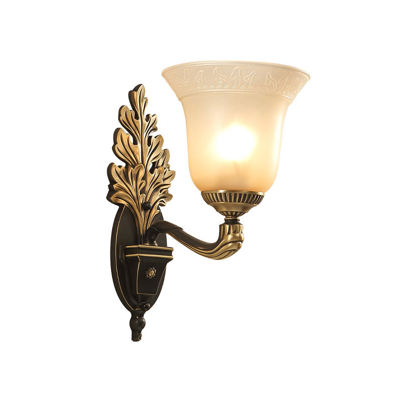 Bell Bedroom Sconce Light Fixture Rustic Frosted Glass 1/2-Light Black-Gold Wall Lamp with Carved Arm Clearhalo 'Wall Lamps & Sconces' 'Wall Lights' Lighting' 226843