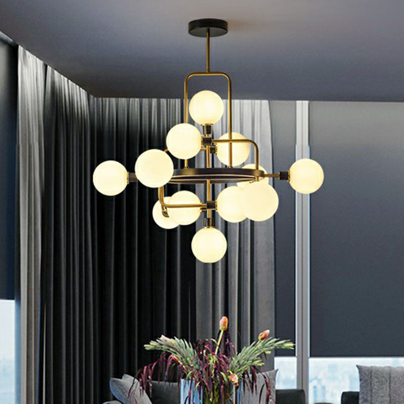 Glass 3D Atomic Chandelier Postmodern 12-Bulb Black and Brass Suspension Light Fixture Clearhalo 'Ceiling Lights' 'Chandeliers' 'Modern Chandeliers' 'Modern' Lighting' 2268430