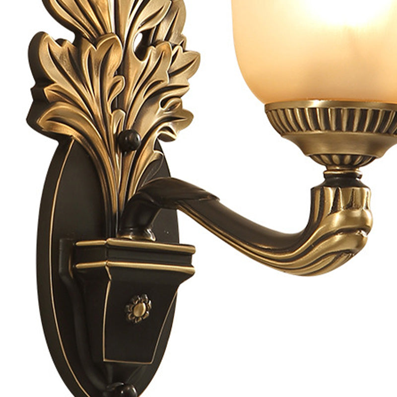 Bell Bedroom Sconce Light Fixture Rustic Frosted Glass 1/2-Light Black-Gold Wall Lamp with Carved Arm Clearhalo 'Wall Lamps & Sconces' 'Wall Lights' Lighting' 226845