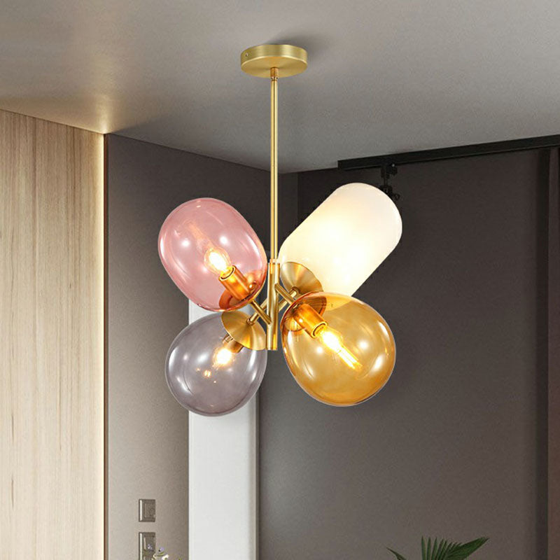 Multicolored Glass Bubbles Hanging Light Nordic Novelty 4-Head Gold Pendant Chandelier Clearhalo 'Ceiling Lights' 'Chandeliers' 'Modern Chandeliers' 'Modern' Lighting' 2268471