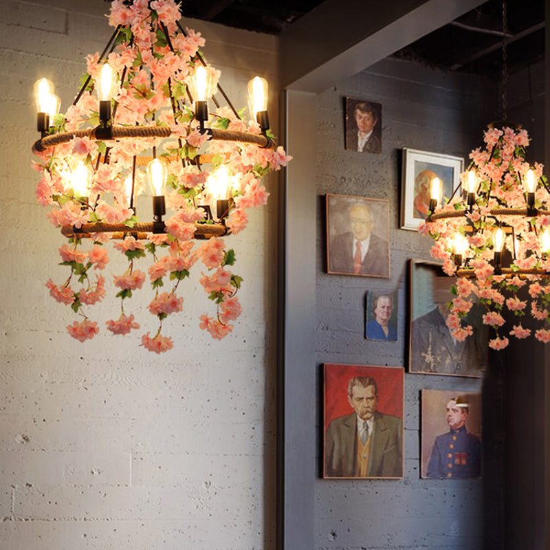 Wagon Wheel Dining Room Hanging Light Farmhouse Metal Chandelier with Plant Decoration Clearhalo 'Cast Iron' 'Ceiling Lights' 'Chandeliers' 'Industrial Chandeliers' 'Industrial' 'Metal' 'Middle Century Chandeliers' 'Rustic Chandeliers' 'Tiffany' Lighting' 2268530