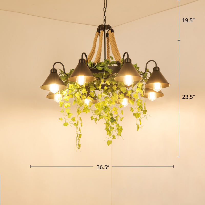 Conical Iron Chandelier Warehouse 8-Head Dining Room Hanging Lamp with Vine Decor Clearhalo 'Ceiling Lights' 'Chandeliers' Lighting' options 2268563