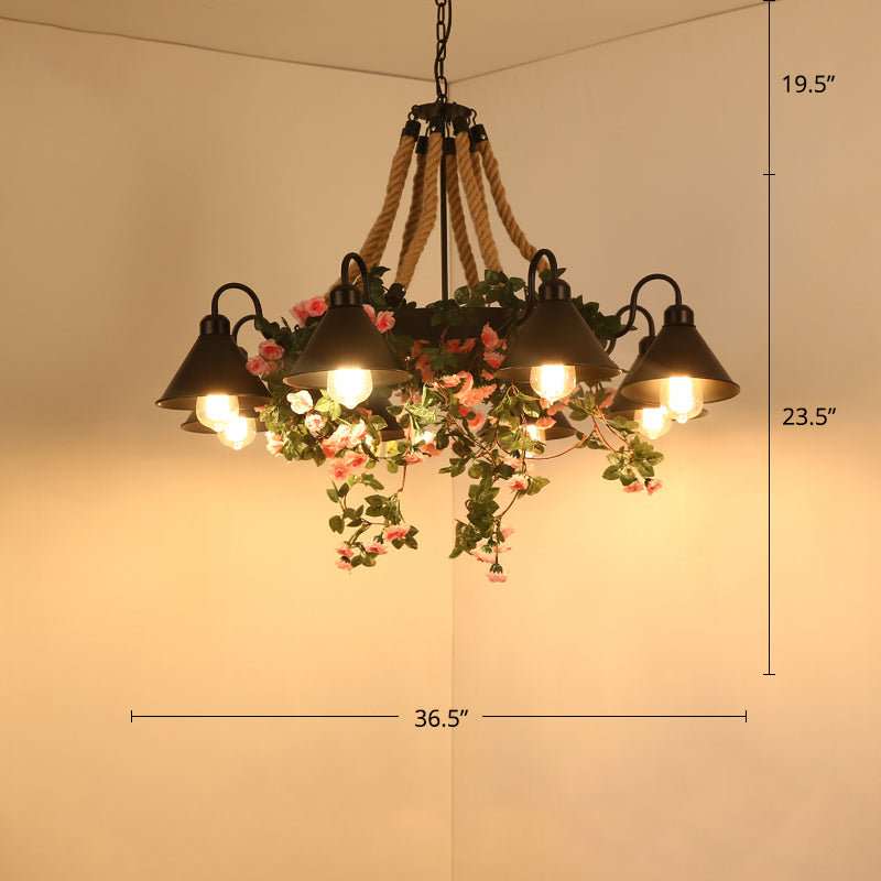 Conical Iron Chandelier Warehouse 8-Head Dining Room Hanging Lamp with Vine Decor Clearhalo 'Ceiling Lights' 'Chandeliers' Lighting' options 2268564