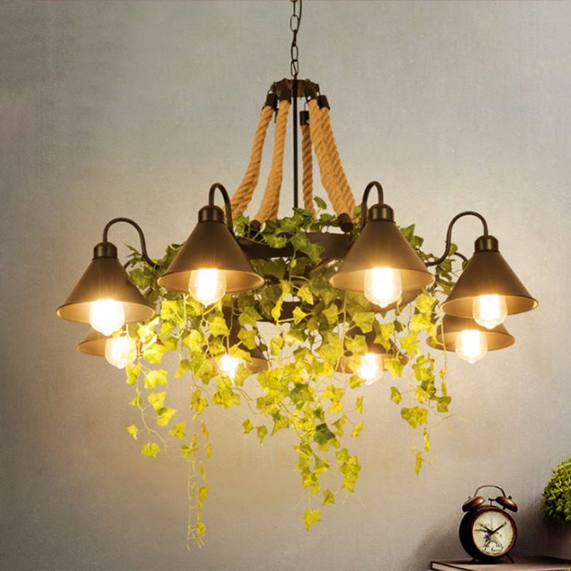 Conical Iron Chandelier Warehouse 8-Head Dining Room Hanging Lamp with Vine Decor Clearhalo 'Ceiling Lights' 'Chandeliers' Lighting' options 2268565