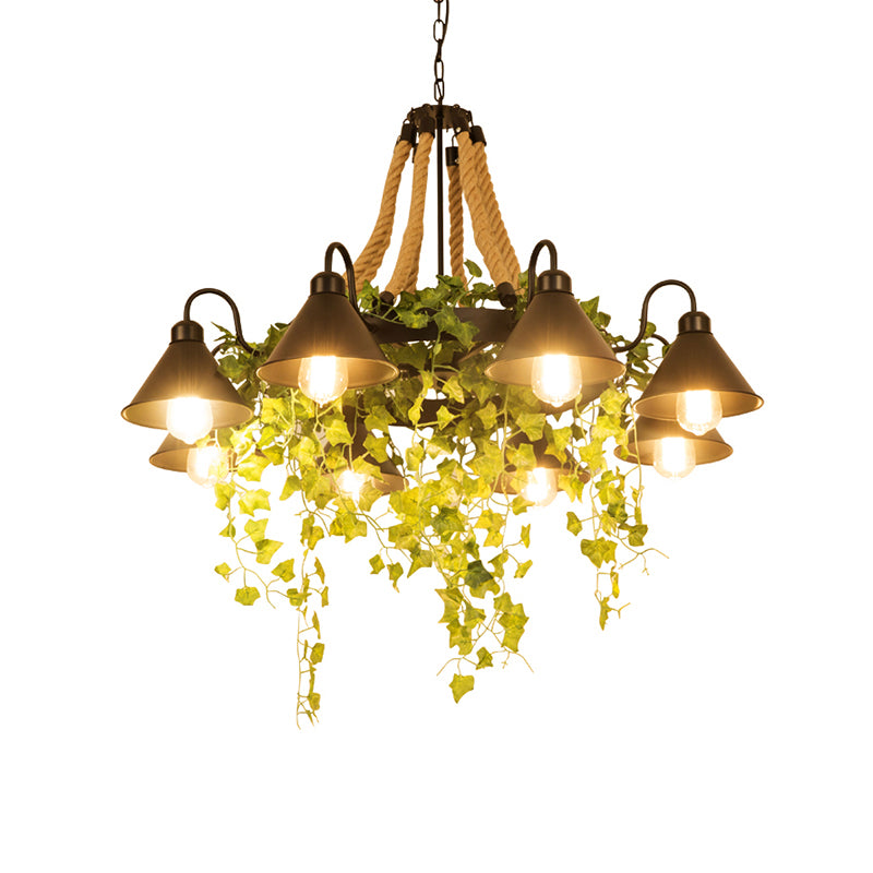 Conical Iron Chandelier Warehouse 8-Head Dining Room Hanging Lamp with Vine Decor Clearhalo 'Ceiling Lights' 'Chandeliers' Lighting' options 2268566