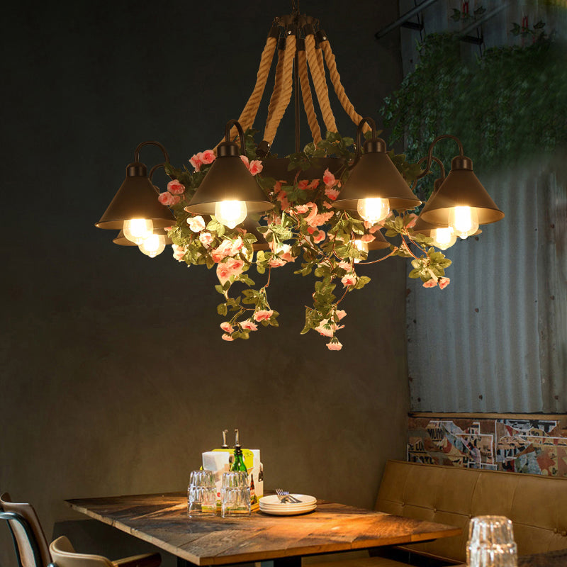 Conical Iron Chandelier Warehouse 8-Head Dining Room Hanging Lamp with Vine Decor Clearhalo 'Ceiling Lights' 'Chandeliers' Lighting' options 2268567