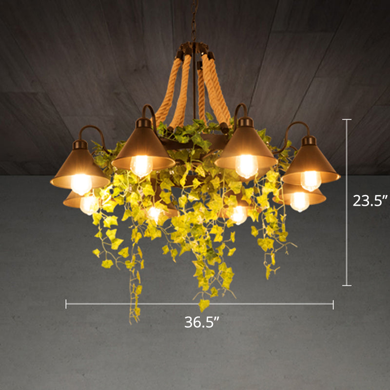 Conical Iron Chandelier Warehouse 8-Head Dining Room Hanging Lamp with Vine Decor Clearhalo 'Ceiling Lights' 'Chandeliers' Lighting' options 2268568