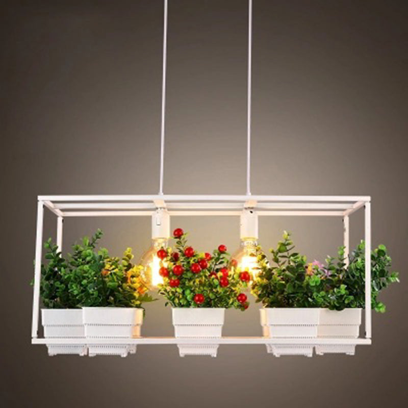 Rectangle Restaurant Island Light Fixture Decorative Metal 2-Head Hanging Pendant with Artificial Bonsai White Clearhalo 'Ceiling Lights' 'Island Lights' Lighting' 2268579