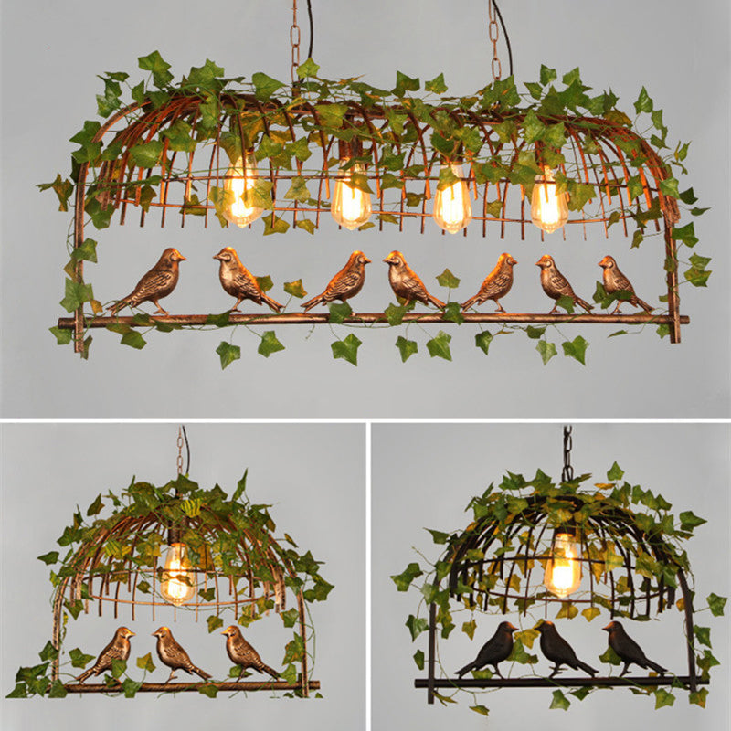 Island Ceiling Light Rural Birdcage Cast Iron Hanging Light Fixture with Bird and Leaf Deco Clearhalo 'Ceiling Lights' 'Island Lights' Lighting' 2268587