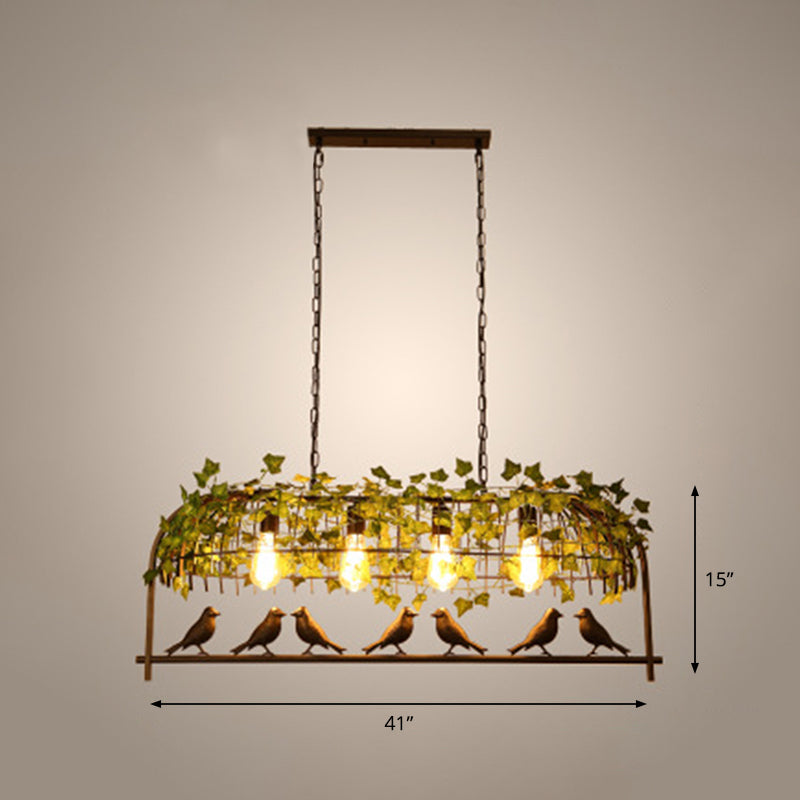 Island Ceiling Light Rural Birdcage Cast Iron Hanging Light Fixture with Bird and Leaf Deco Black Clearhalo 'Ceiling Lights' 'Island Lights' Lighting' 2268591