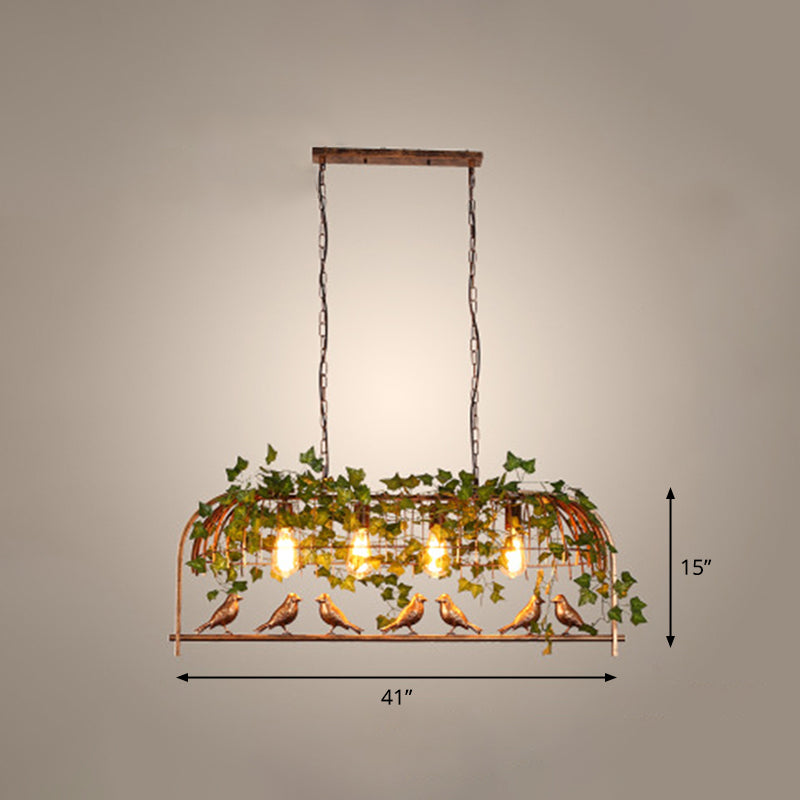 Island Ceiling Light Rural Birdcage Cast Iron Hanging Light Fixture with Bird and Leaf Deco Rust Clearhalo 'Ceiling Lights' 'Island Lights' Lighting' 2268592