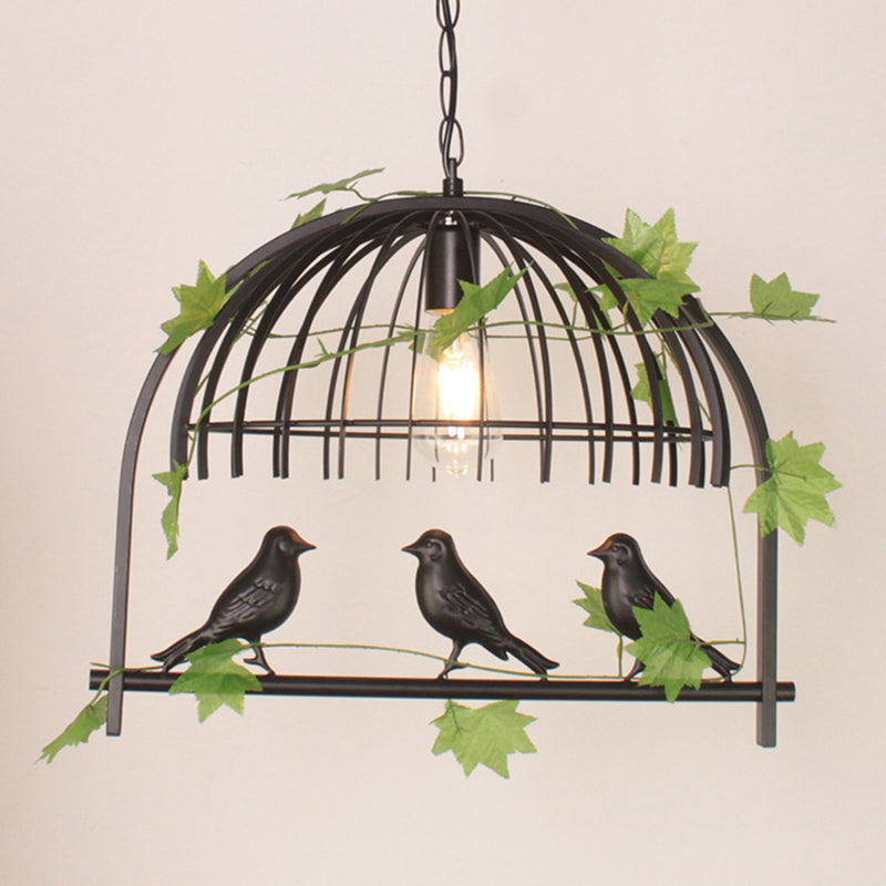 Birdcage Pendant Lighting Rustic Wrought Iron Island Lamp with Vine and Bird Deco for Dining Room Black Clearhalo 'Ceiling Lights' 'Island Lights' Lighting' 2268599