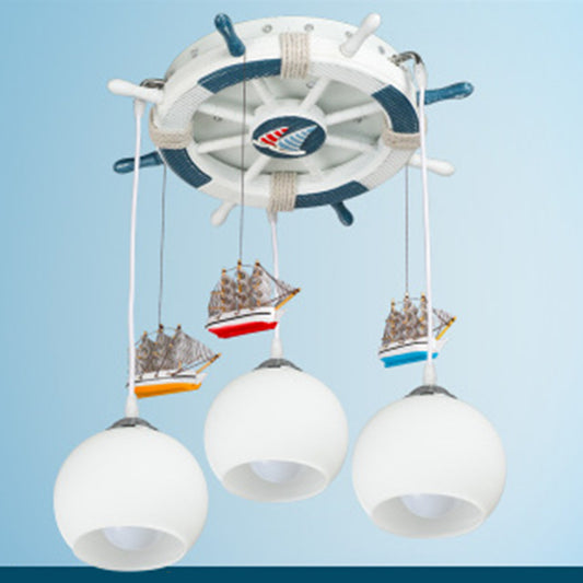 Cream Glass Dome Ceiling Light Cartoon 3 Bulbs White Flush Mounted Light with Rudder Canopy White 18" Clearhalo 'Ceiling Lights' 'Close To Ceiling Lights' 'Close to ceiling' 'Flush mount' Lighting' 2268632