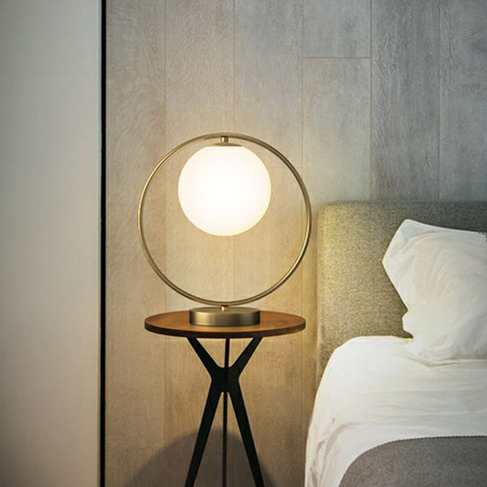 Ball Shaped Bedside Night Lamp White Glass Single Minimalistic Table Light with Ring Decor in Gold Clearhalo 'Lamps' 'Table Lamps' Lighting' 2268724