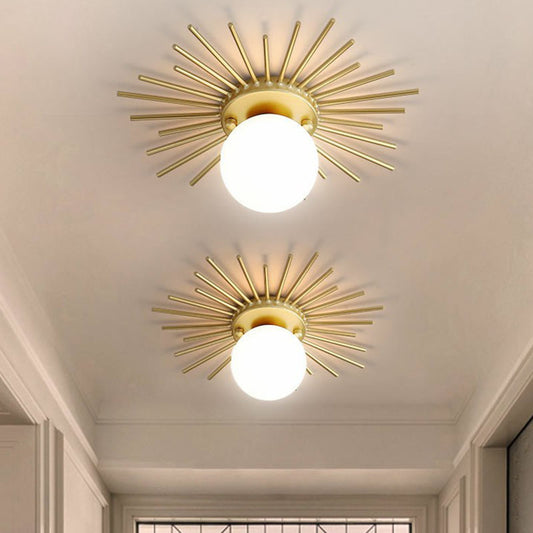 Golden Sunburst Semi-Flush Mount Simple Creative Single Opal Glass Ceiling Lighting for Foyer Clearhalo 'Ceiling Lights' 'Close To Ceiling Lights' 'Close to ceiling' 'Semi-flushmount' Lighting' 2268838