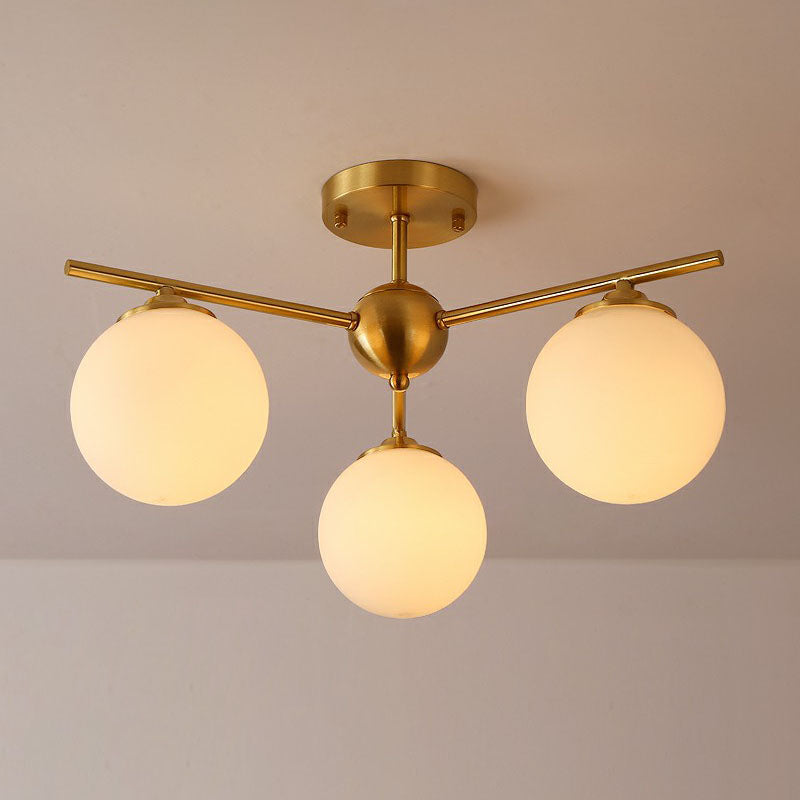 Globe Ceiling Flush Light Simplicity Milk Glass 3-Bulb Antiqued Gold Semi Flush Mount Light Gold Small Clearhalo 'Ceiling Lights' 'Close To Ceiling Lights' 'Close to ceiling' 'Semi-flushmount' Lighting' 2268873