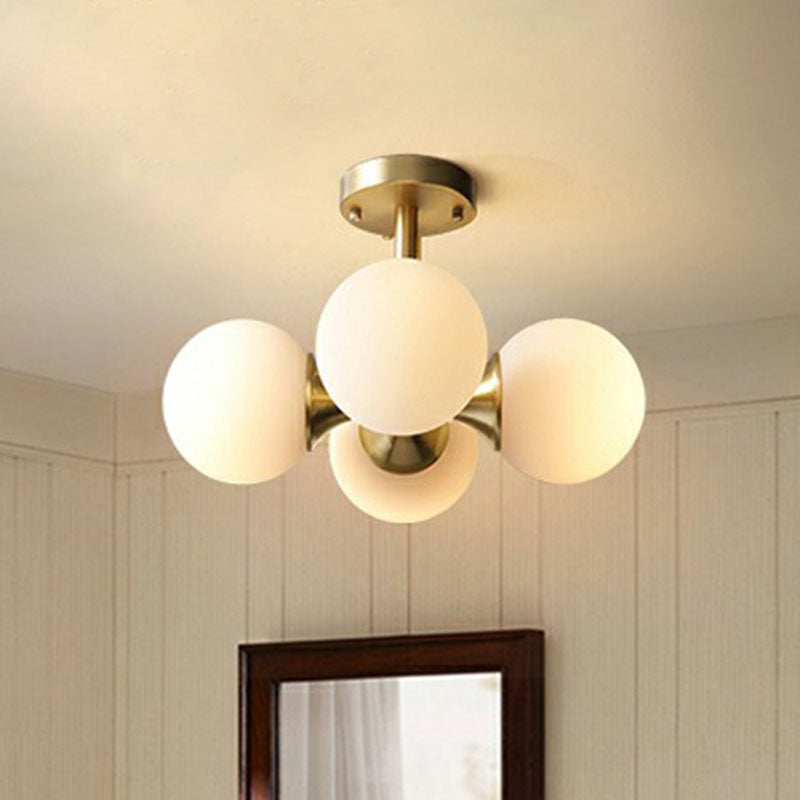 4 Lights Bedroom Ceiling Fixture Minimalist Gold Finish Semi Mount Lighting with Globe Opal Glass Shade Clearhalo 'Ceiling Lights' 'Close To Ceiling Lights' 'Close to ceiling' 'Semi-flushmount' Lighting' 2268878