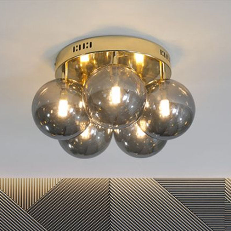 Ball Smoke Grey Glass Ceiling Lamp Postmodern 5 Lights Gold Finish Semi Flush Light Fixture Gold Clearhalo 'Ceiling Lights' 'Close To Ceiling Lights' 'Close to ceiling' 'Semi-flushmount' Lighting' 2268901