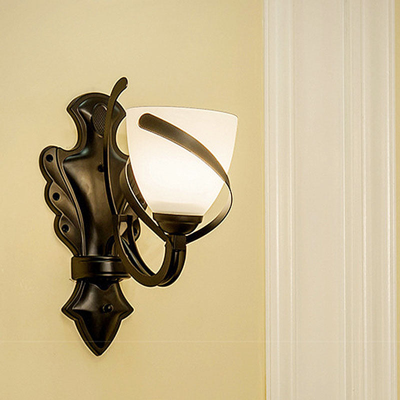 White Glass Black Wall Lamp Dome 1/2-Light Vintage Wall Light Sconce with Curvy Arm for Porch 1.0 Black Clearhalo 'Wall Lamps & Sconces' 'Wall Lights' Lighting' 226894