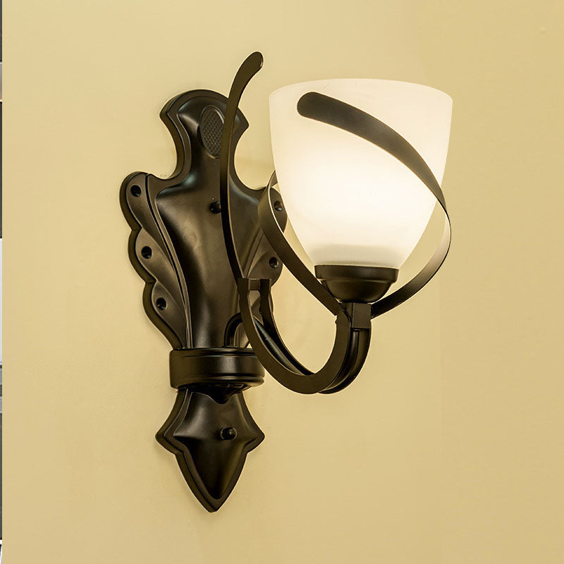 White Glass Black Wall Lamp Dome 1/2-Light Vintage Wall Light Sconce with Curvy Arm for Porch Clearhalo 'Wall Lamps & Sconces' 'Wall Lights' Lighting' 226895