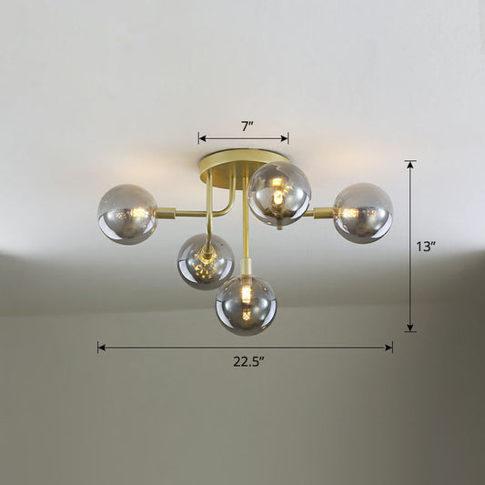 Ball Glass Ceiling Mounted Light Postmodern Gold Finish Semi Flush Mount for Living Room 5 Smoke Gray Clearhalo 'Ceiling Lights' 'Close To Ceiling Lights' 'Close to ceiling' 'Semi-flushmount' Lighting' 2268960