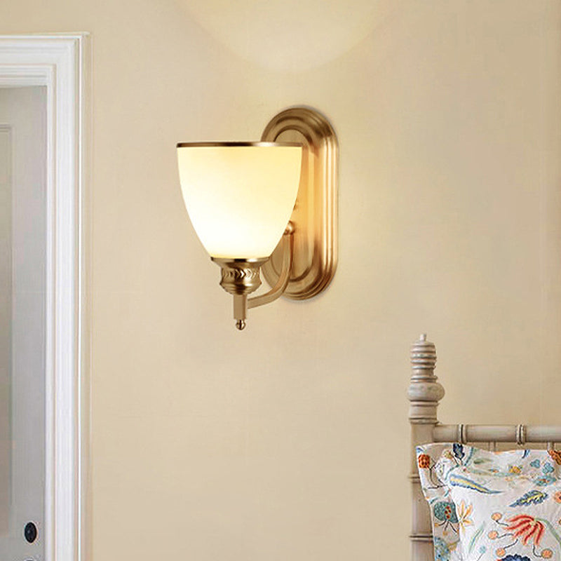 Brass Bowl Sconce Light Retro Milky Glass Shade 1-Light Hotel Wall Lamp with Curved Arm Brass Clearhalo 'Wall Lamps & Sconces' 'Wall Lights' Lighting' 226899