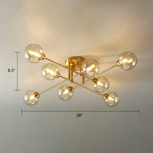 8 Heads Parlor Semi Flush Light Postmodern Ceiling Mounted Fixture with Ball Amber Glass Shade Gold Clearhalo 'Ceiling Lights' 'Close To Ceiling Lights' 'Close to ceiling' 'Semi-flushmount' Lighting' 2268998