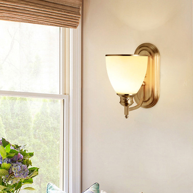 Brass Bowl Sconce Light Retro Milky Glass Shade 1-Light Hotel Wall Lamp with Curved Arm Clearhalo 'Wall Lamps & Sconces' 'Wall Lights' Lighting' 226900