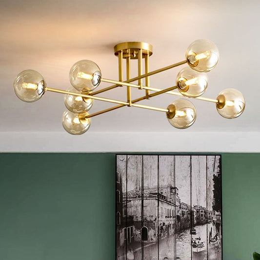 Spherical Dining Room Ceiling Fixture Amber Glass Postmodern Semi Flush Mount Lighting in Gold Clearhalo 'Ceiling Lights' 'Close To Ceiling Lights' 'Close to ceiling' 'Semi-flushmount' Lighting' 2269006