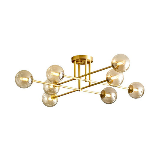 Spherical Dining Room Ceiling Fixture Amber Glass Postmodern Semi Flush Mount Lighting in Gold Clearhalo 'Ceiling Lights' 'Close To Ceiling Lights' 'Close to ceiling' 'Semi-flushmount' Lighting' 2269008