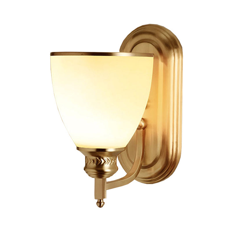 Brass Bowl Sconce Light Retro Milky Glass Shade 1-Light Hotel Wall Lamp with Curved Arm Clearhalo 'Wall Lamps & Sconces' 'Wall Lights' Lighting' 226901