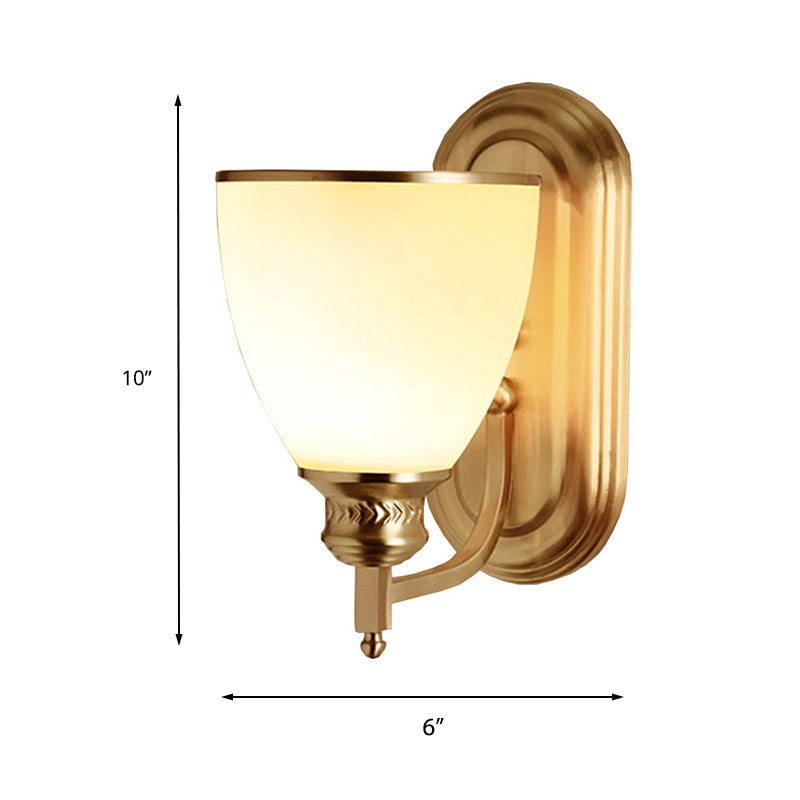 Brass Bowl Sconce Light Retro Milky Glass Shade 1-Light Hotel Wall Lamp with Curved Arm Clearhalo 'Wall Lamps & Sconces' 'Wall Lights' Lighting' 226902