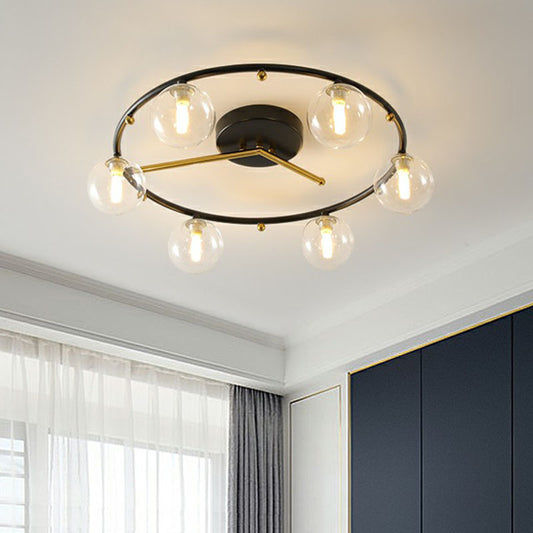 Black and Brass Clock Ceiling Lamp Postmodern Creative 6-Head Ball Glass Semi Flush Mount Light Clearhalo 'Ceiling Lights' 'Close To Ceiling Lights' 'Close to ceiling' 'Semi-flushmount' Lighting' 2269023