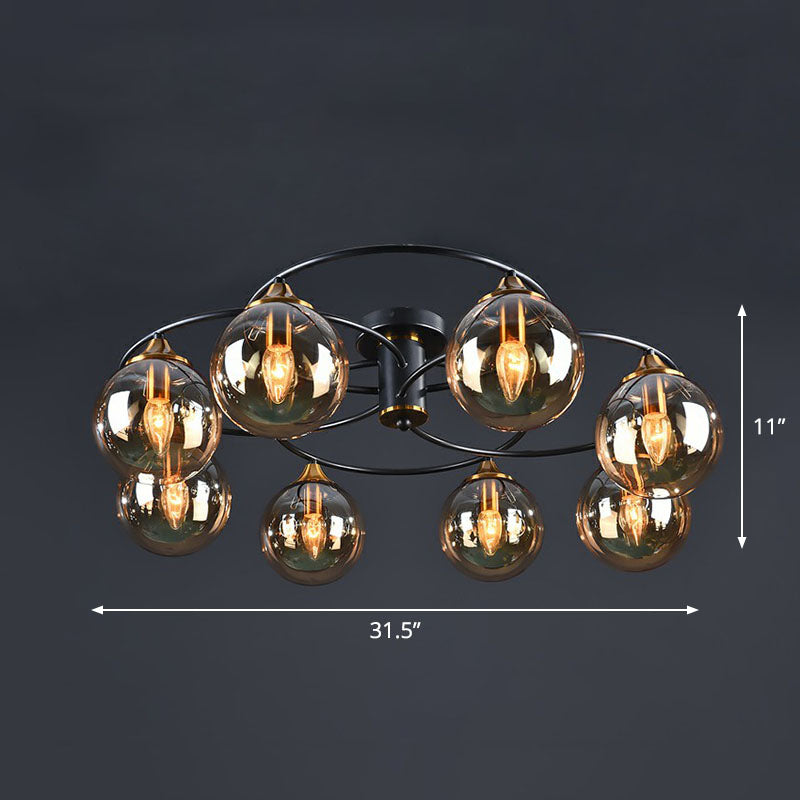 Ball Semi Flush Chandelier Post-Modern Glass Black Ceiling Mount Light for Living Room 8 Amber Clearhalo 'Ceiling Lights' 'Close To Ceiling Lights' 'Close to ceiling' 'Semi-flushmount' Lighting' 2269028